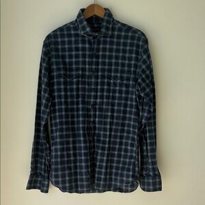 Men's Dark Blue Plaid Button-Down Shirt
